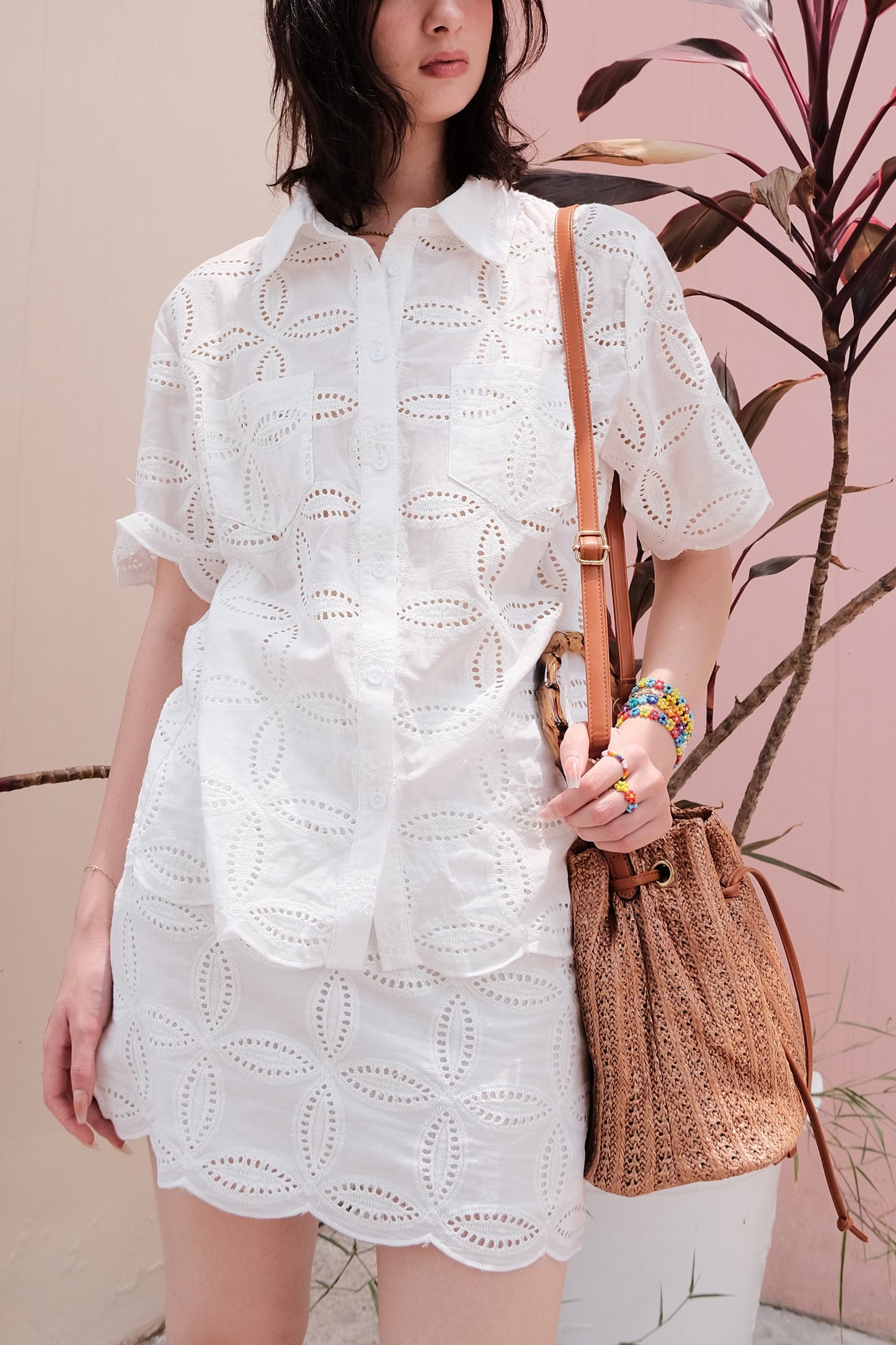 Drawstring Bucket Bag with Faux Bamboo Handle