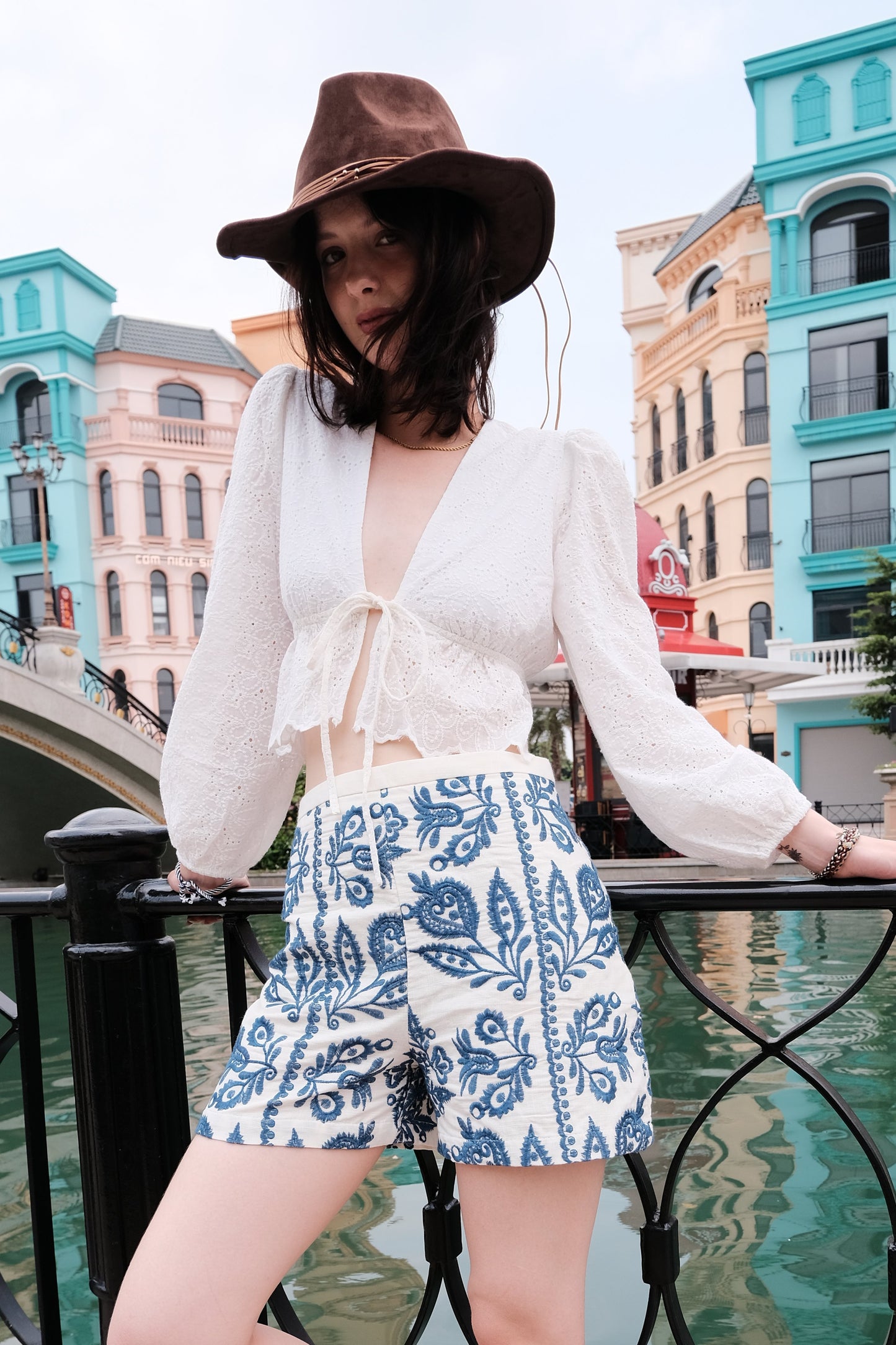 Eyelet Tie-Front Peplum Top