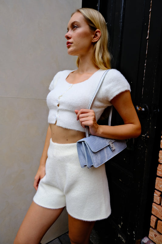 White Button-Up Fuzzy Crop Top