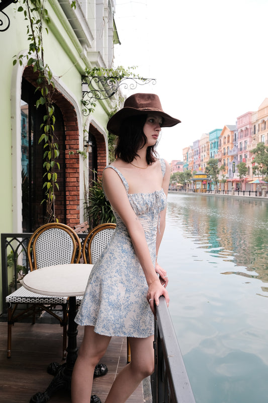 Blue Toile Print Corset Mini Dress