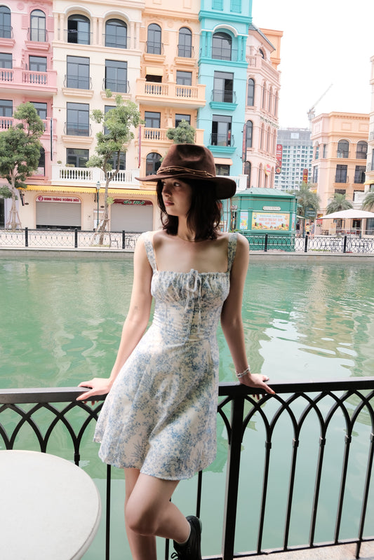 Blue Toile Print Corset Mini Dress